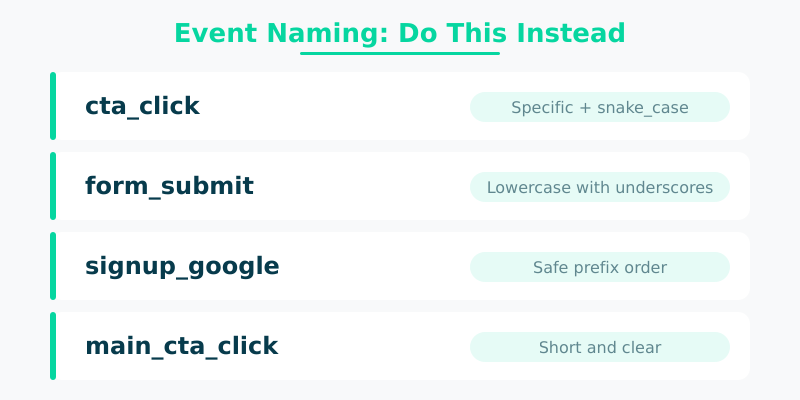 GA4 event naming best practices — snake_case, specific, short